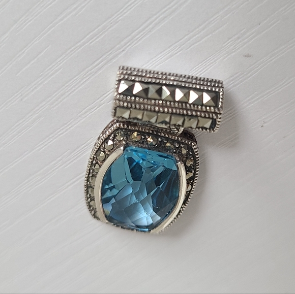Vintage Art Deco Boho Aqua Blue Brilliant Cut Marcasite Crystal Slider Pendant - Picture 8 of 9